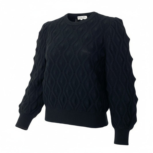 28c11 Christian Dior クリスチャンディオール ロングスリーブニット ケーブルニットセーター トップス Mサイズ ブラック レディース 女性用o07t
