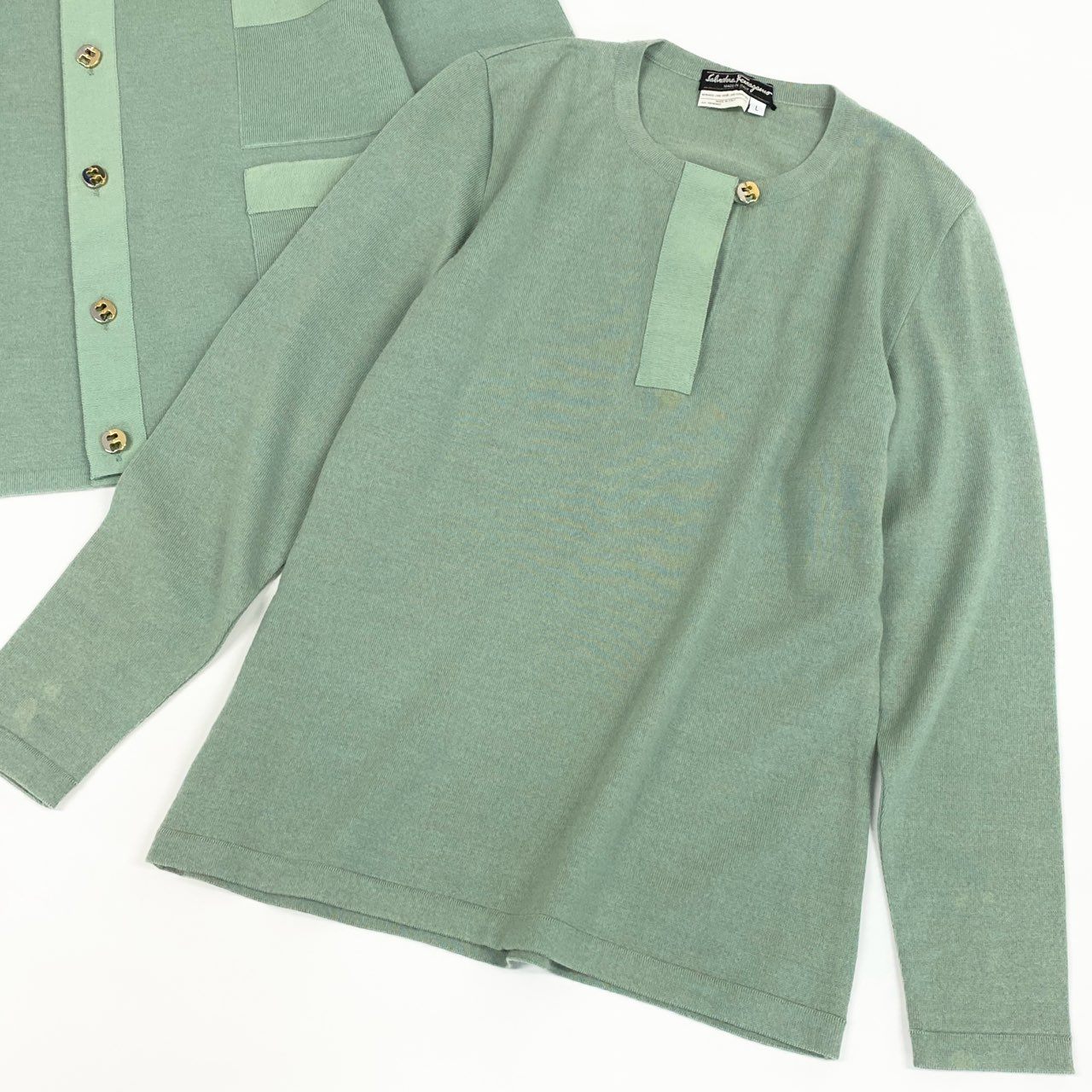 68d13 Salvatore Ferragamo サルヴァトーレフェラガモ アンサンブルニット ツインニット ロングニットジャケット カーディガン ニットポロシャツ M / L グリーン系 ウール100％ レディース 女性用o07t