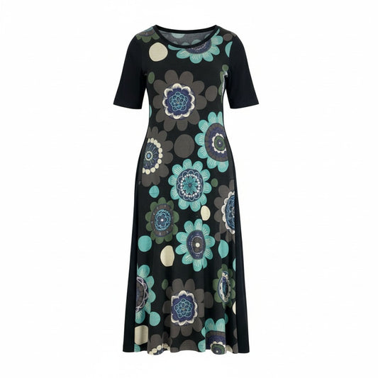 64k19 TOKUKO 1er VOL トクコプルミエヴォル 五分袖 ロングワンピース コットンワンピース 花柄プリント ウエストリボン○ レディース 女性用 9 ブラック 綿100％u02t