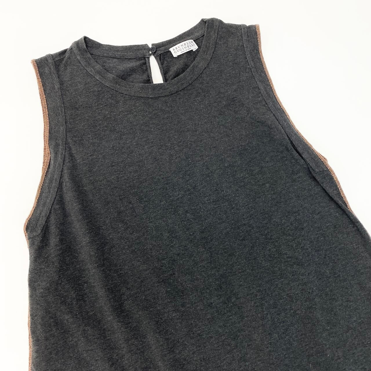 79c26 BRUNELLO CUCINELLI ブルネロクチネリ ノースリーブTシャツ ノースリーブカットソー ビーズ パイピング トップス Sサイズ グレー レディース 女性用u02t