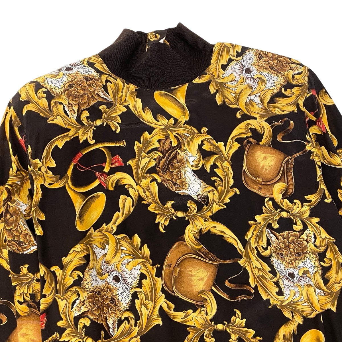 68h18 Sarvatore Ferragamo サルヴァトーレフェラガモ イタリア製 ニット切替 長袖ブラウス 総柄プリント 金ボタン M ブラウン系 シルク100％ レディースo07t