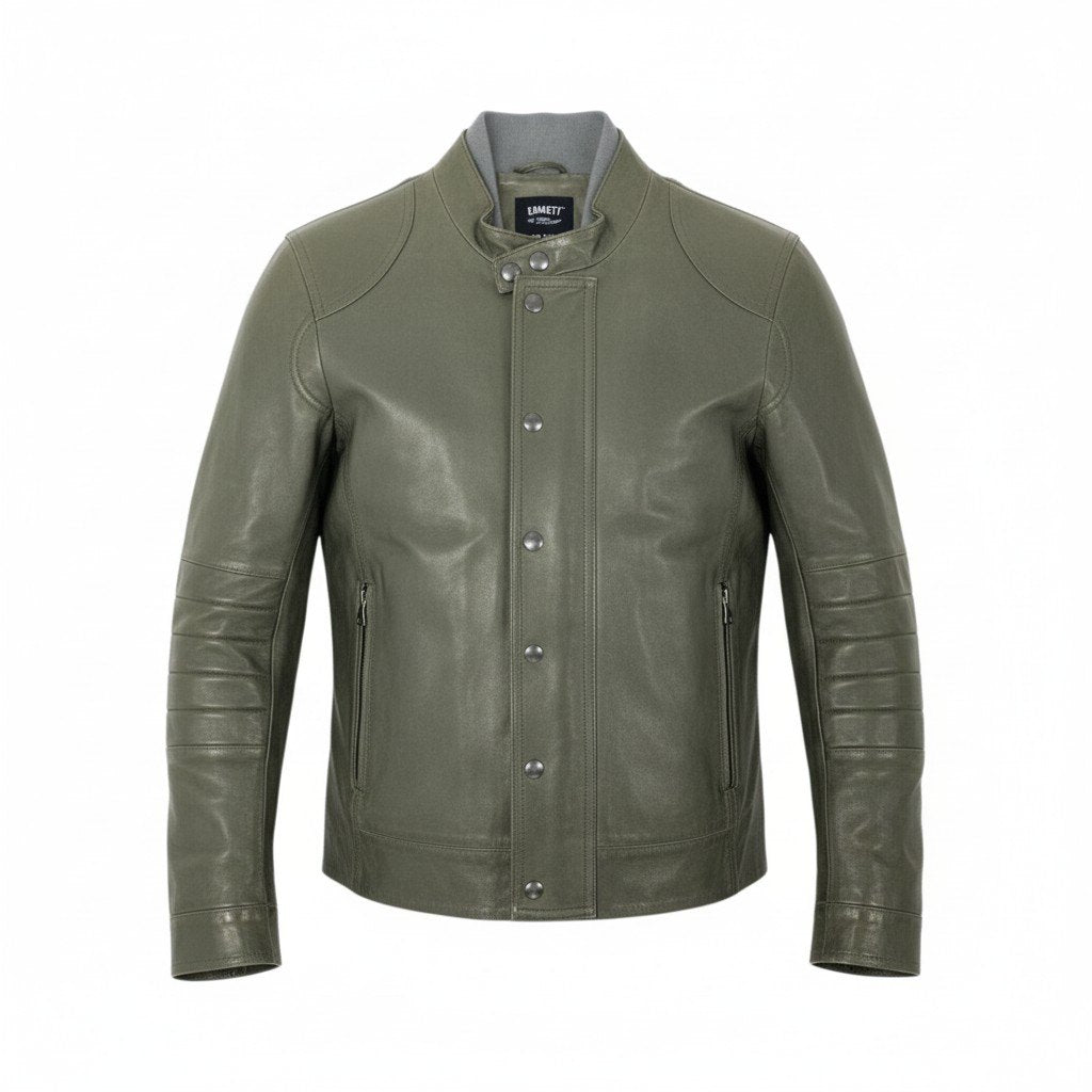 77L8 EMMETI di Franco エンメティ イタリア製 レザー ジャケット シングルライダースジャケット 重ね襟 本革 ラムスキン メンズ 紳士服 46 カーキu02t