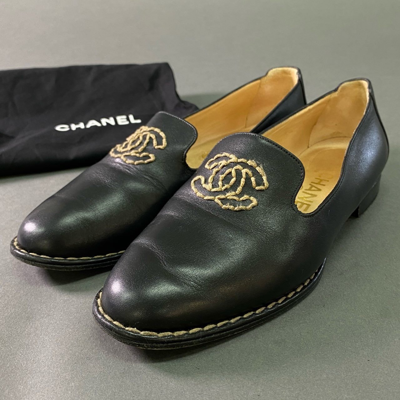 1j24 CHANEL シャネル CC ステッチ ココマーク オペラシューズ 36 ブラック レザー Leather スリッポン ローファー