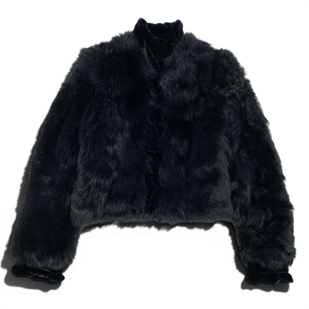 14f10 GIORGIO ARMANI ジョルジオアルマーニ ラムファー フルジップジャケット ベロア切替 サイズ42 ブラック レディース 女性用u02t