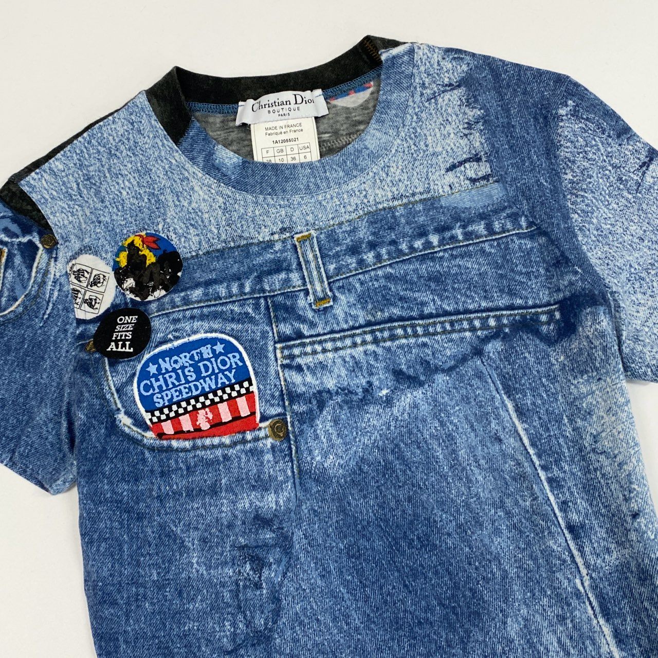 Ic6 Christian Dior クリスチャンディオール ガリアーノ期 デニム転写プリント 半袖Tシャツ カットソー 1A12055021 38 ブルー コットン レディースu02t