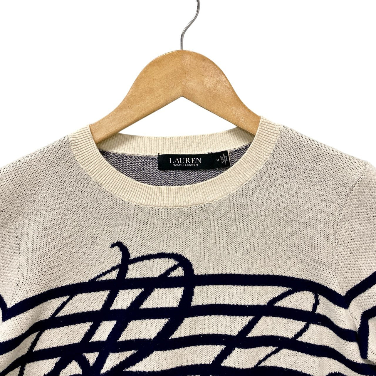 5c6 LAUREN RALPH LAUREN ローレンラルフローレン 半袖ニット サマーセーター 近年 M ホワイト ネイビー コットン レディースu02t
