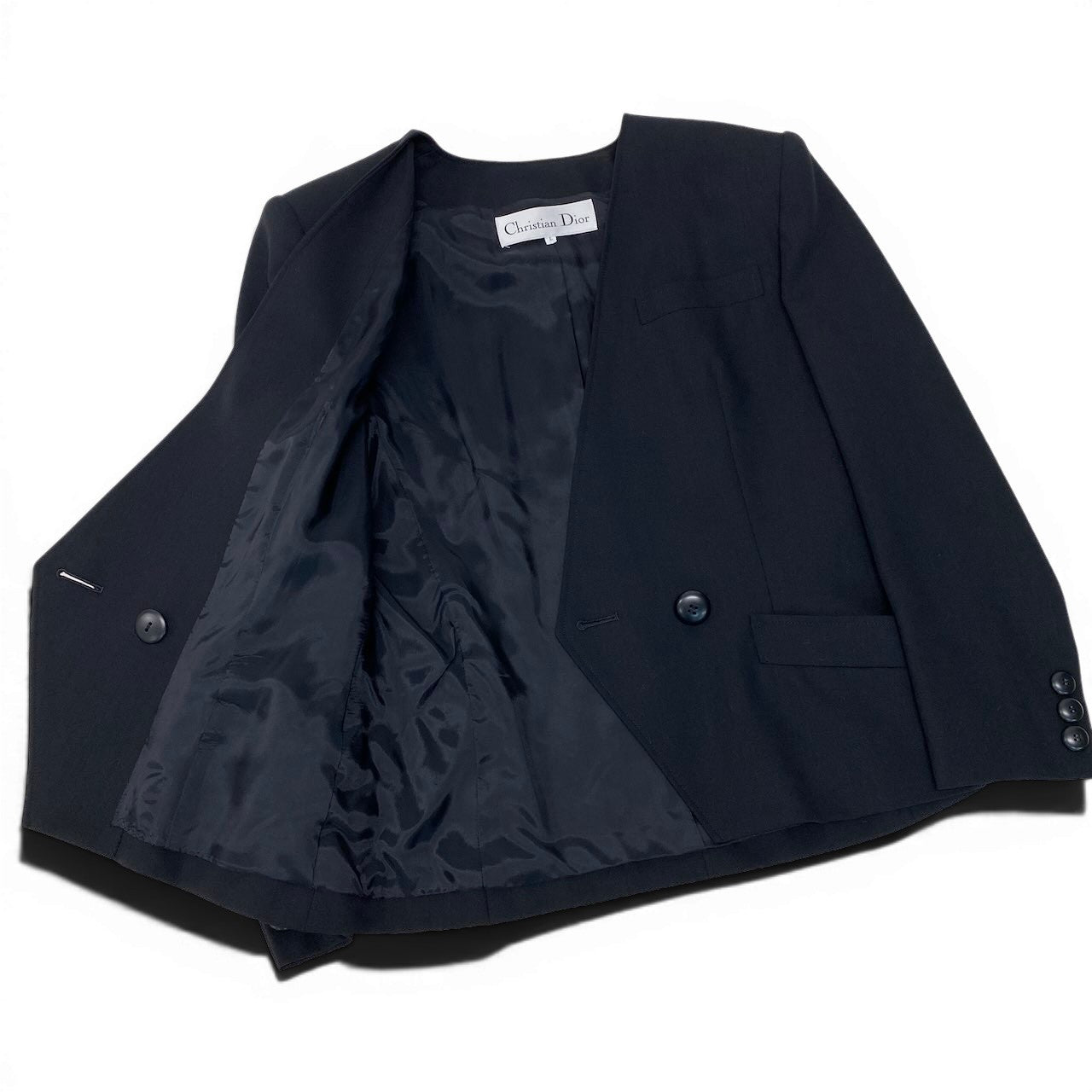 89g24 【美品】Christian Dior クリスチャンディオール ノーカラージャケット フォーマルジャケット アウター Lサイズ ブラック ウール100％ レディース 女性用u02t