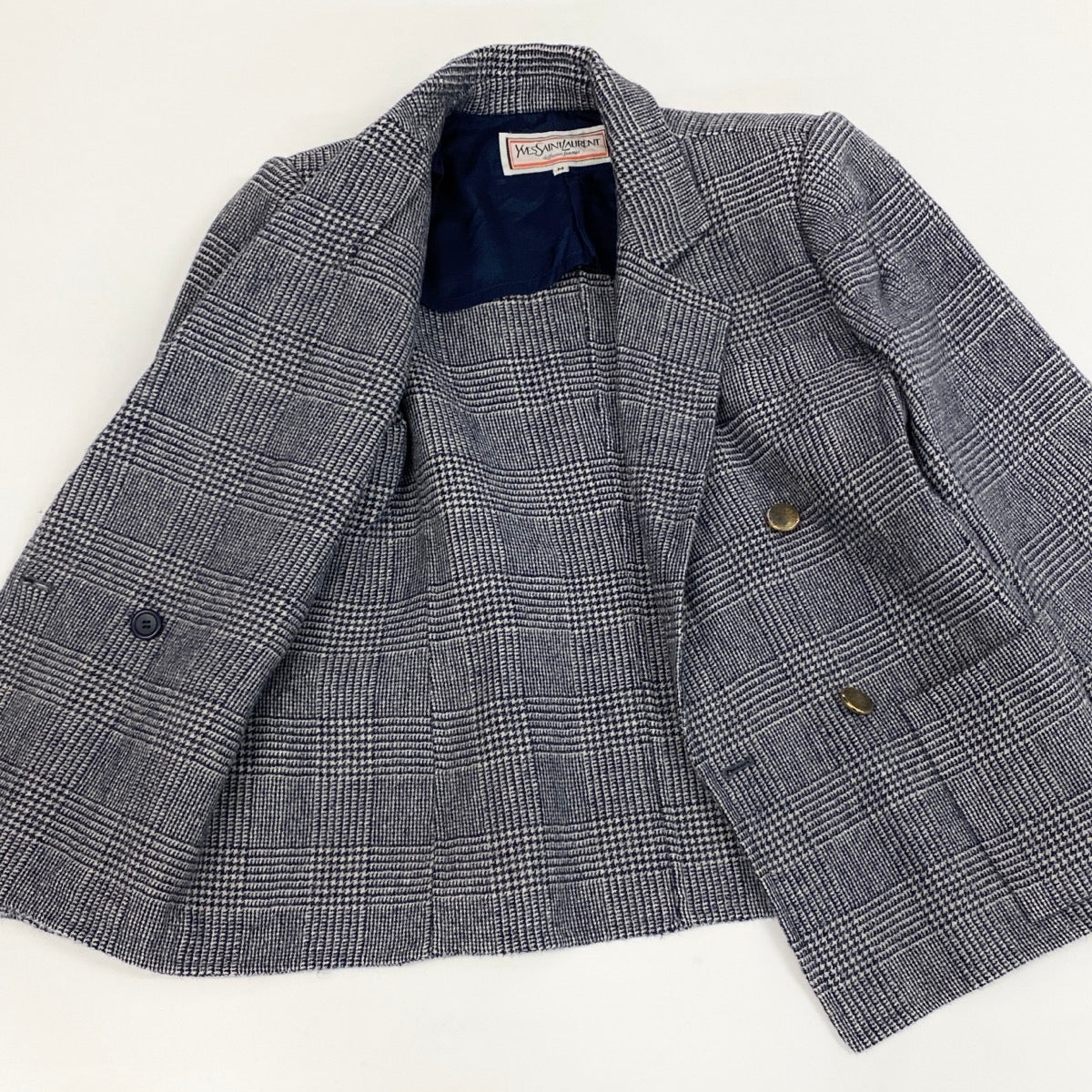 63f2 YVES SAINT LAURENT イヴサンローラン ダブルブレスト テーラードジャケット グレンチェック柄 金ボタン カシミヤ混 サイズM ネイビー ホワイト レディース 女性服o07t