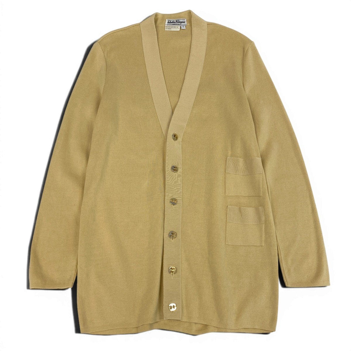 73f9 Salvatore Ferragamo サルヴァトーレフェラガモ オーバーサイズ ニットカーディガン Vネック 金ボタン サイズＳ イエロー系 コットン100％ レディース 女性服u02t