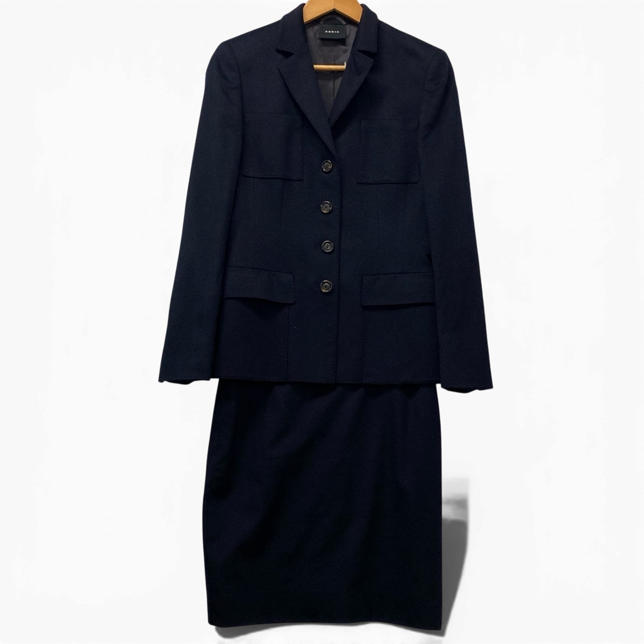11a30 【美品】A-K-R-I-S- アクリス カシミヤ スカートセットアップ ジャケット タイトスカート 36サイズ ネイビー カシミヤ100％ レディース 女性用u02t
