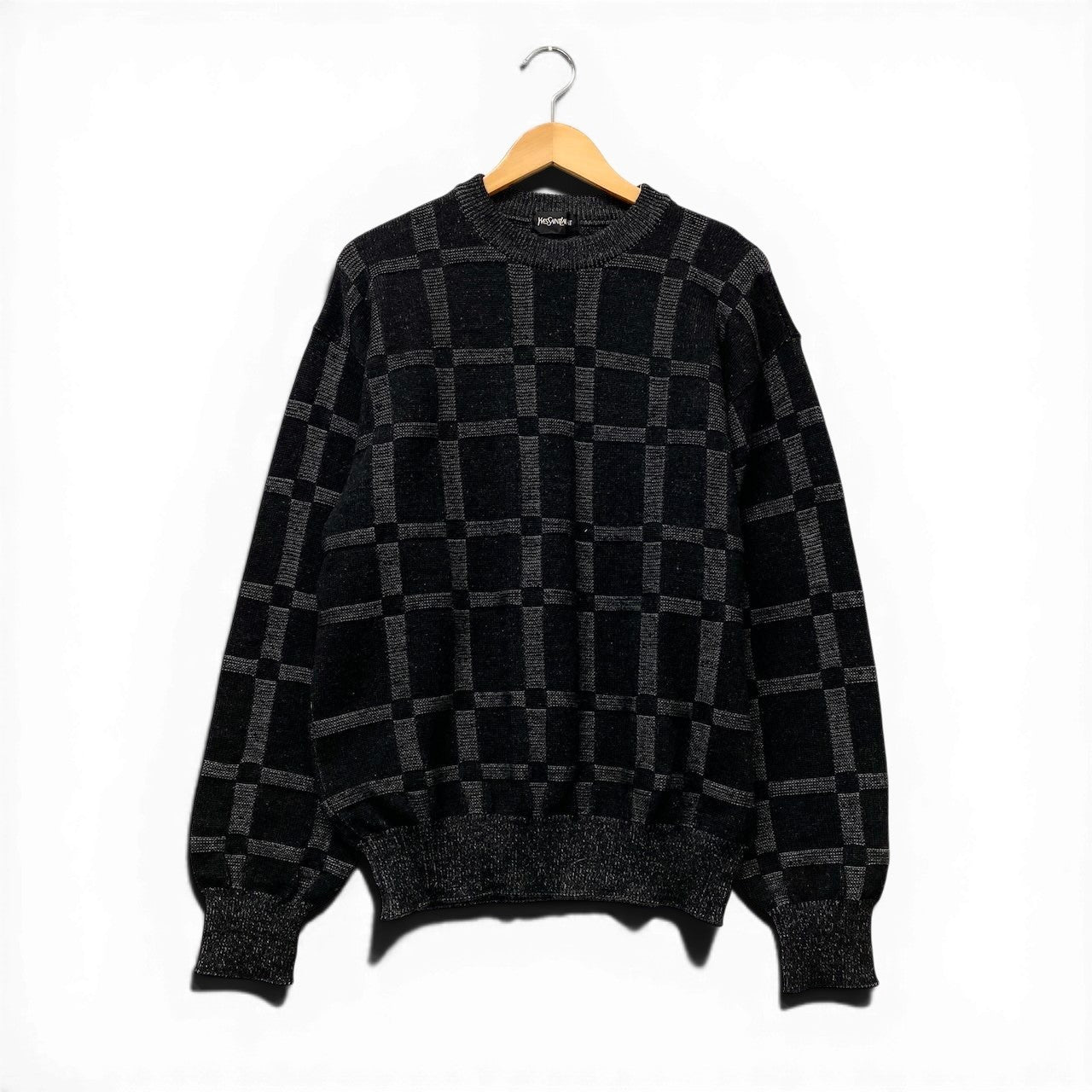 62g7 YVES SAINT LAURENT イヴサンローラン ロングスリーブ ニットセーター チェック柄 サイズL ブラック ウール100％ メンズ 紳士服o07t