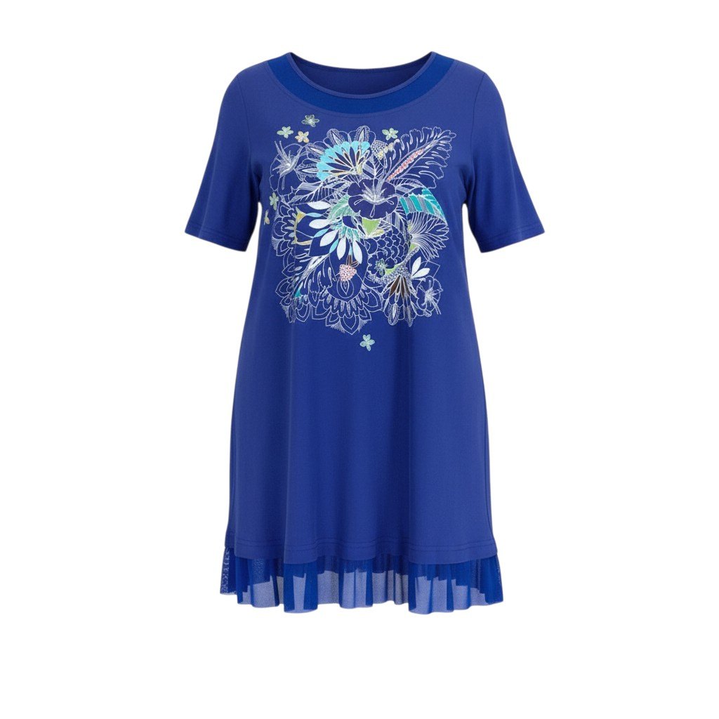 68b27 TOKUKO 1er VOL トクコプルミエヴォル チュニックワンピース 半袖 花柄プリント メッシュ切替 レディース 女性服 サイズ9 ブルー コットン100％u02t