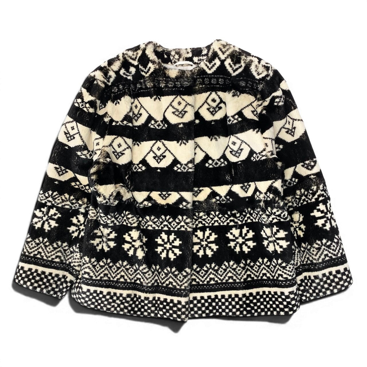 Ae27 KENZO ケンゾー ラパンファー ジャケット ノーカラーコート ノルディック柄  FREE ブラック アイボリー レディース 女性服u02t