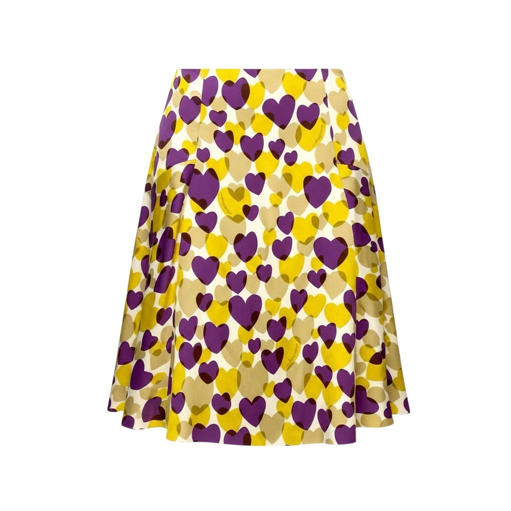 70b16 【未使用タグ付】 Salvatore Ferragamo サルヴァトーレフェラガモ ハート柄 フレアスカート 膝丈スカート 総柄プリント シルク混 レディース 女性用 サイズ40 マルチカラーu02t