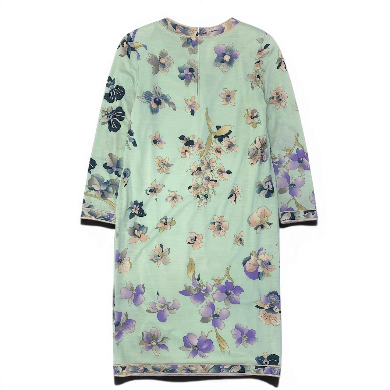 67e7 LEONARD FASHION レオナール Vネック ロングワンピース 美しい花柄プリント ロングスリーブ サイズ42 ミントグリーン レディース 女性服o07t