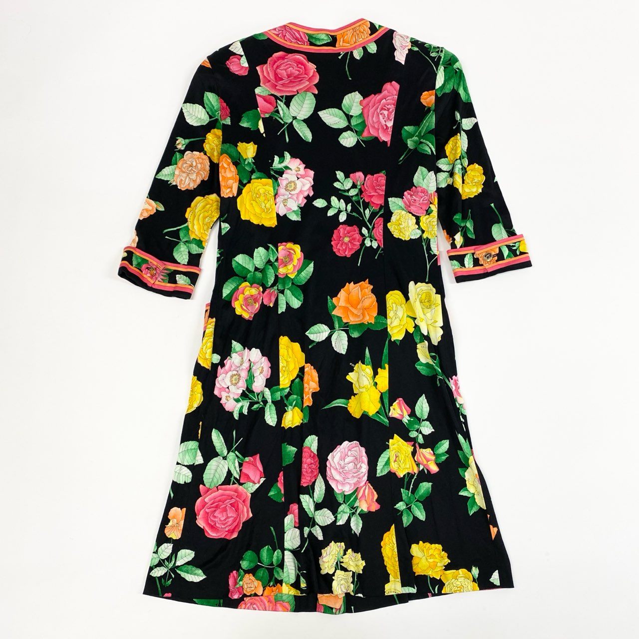 3k19 LEONARD FASHION レオナール ロングシャツワンピース ノーカラー 羽織 美しい花柄プリント ロングスリーブ 金ボタン レディース 女性用 L ブラック コットン100％u02t