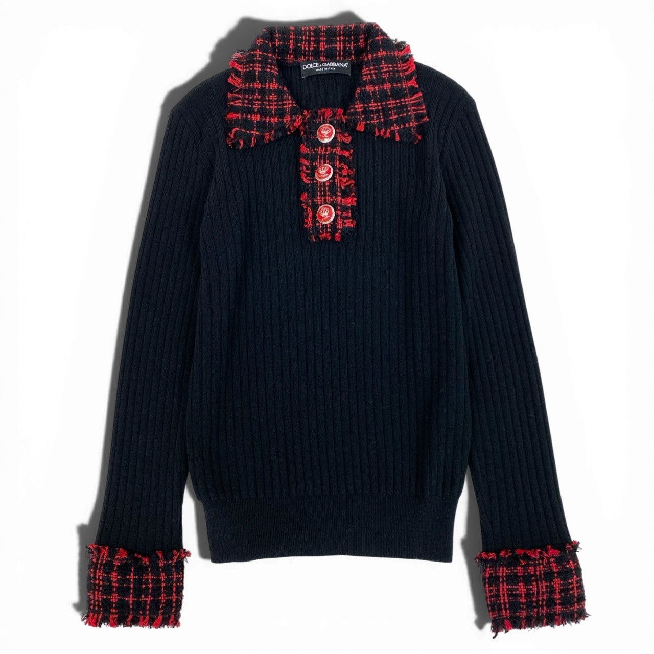 Ab19 【美品】 DOLCE&GABBANA ドルチェアンドガッパーナ ツイード リブニットカットソー ポロニット ロングスリーブ クラウンボタン イタリア製 ウール混 Tweed Detail Ribbed Knit Top サイズ38 ブラック レッドt18r