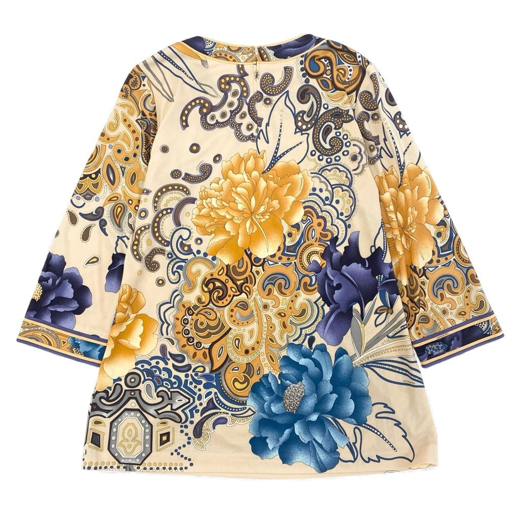 59L15 【美品】LEONARD レオナール チュニック ロングスリーブカットソー Vネック カンカン素材 総柄 トップス 40サイズ ベージュ系 レディースo07t