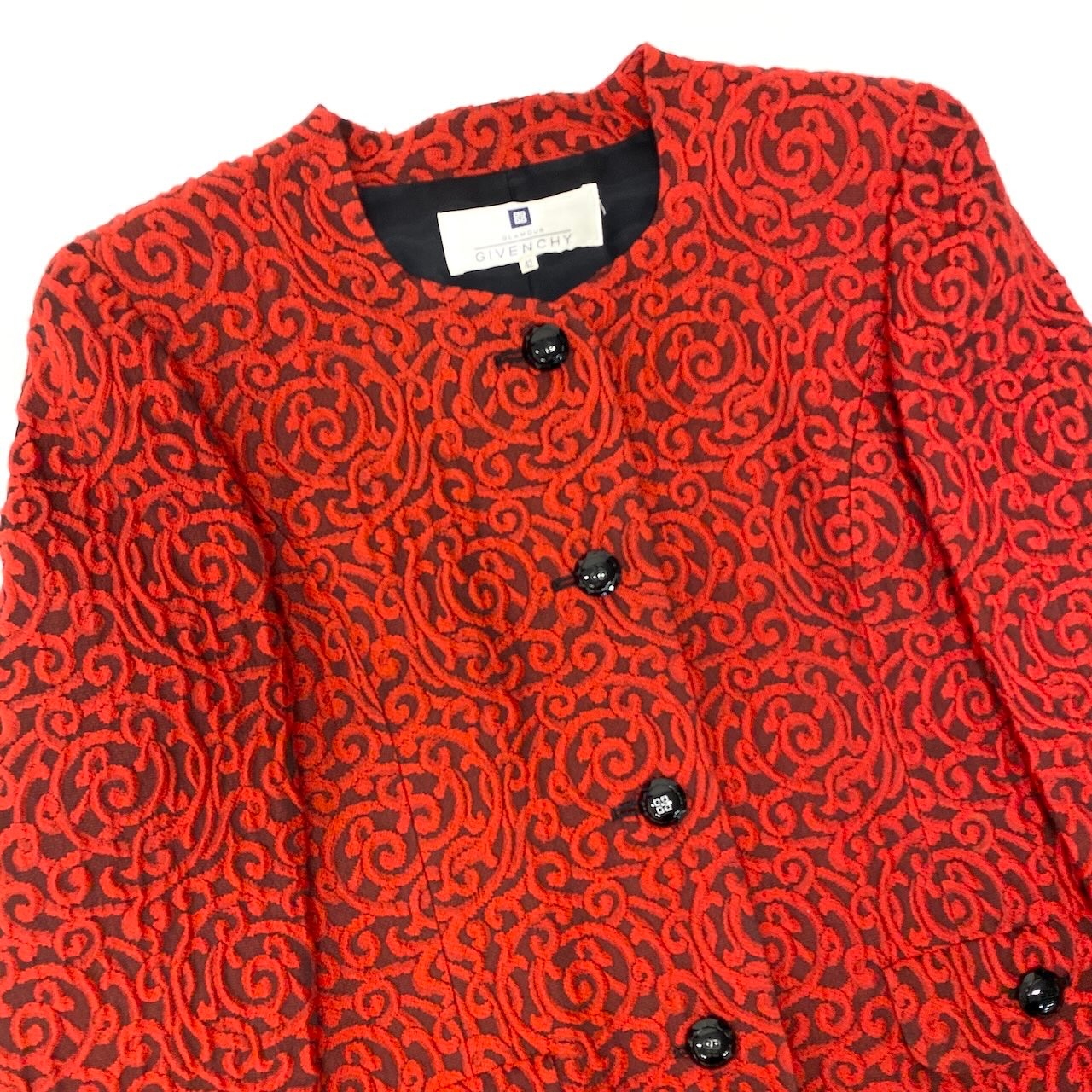 Id23 GIVENCHY ジバンシー ノーカラージャケット ロングジャケット 総柄 立体刺繍 ロゴボタン サイズ42 レッド レディース 女性用u02t