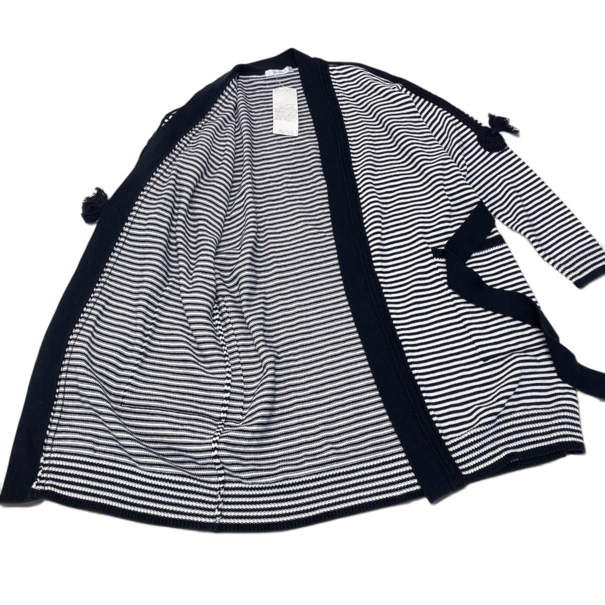88i15 【未使用タグ付】 Max Mara マックスマーラ ロングニットカーディガン ボーダー柄 ウエストリボン M ネイビー ホワイト ウール100％ レディースu02t