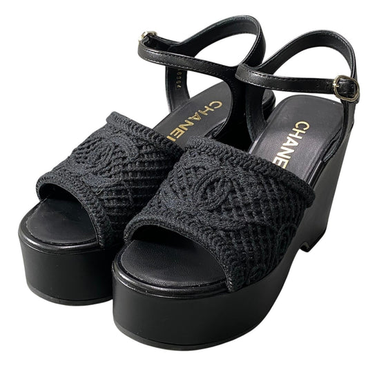 e13【美品】CHANEL 2025SS ウェッジソールサンダル 厚底 ココマーク メッシュ G46364 36Cサイズ ブラック レザー レディース 女性用k02i