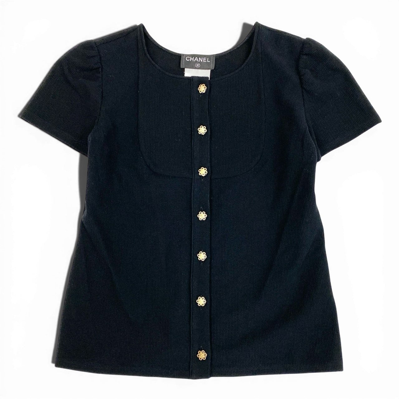 Ca14 CHANEL シャネル P51842 2015年 タイトフィット 半袖カーディガン 短丈ブラウス サイズ38 ブラック レディース トップスta1