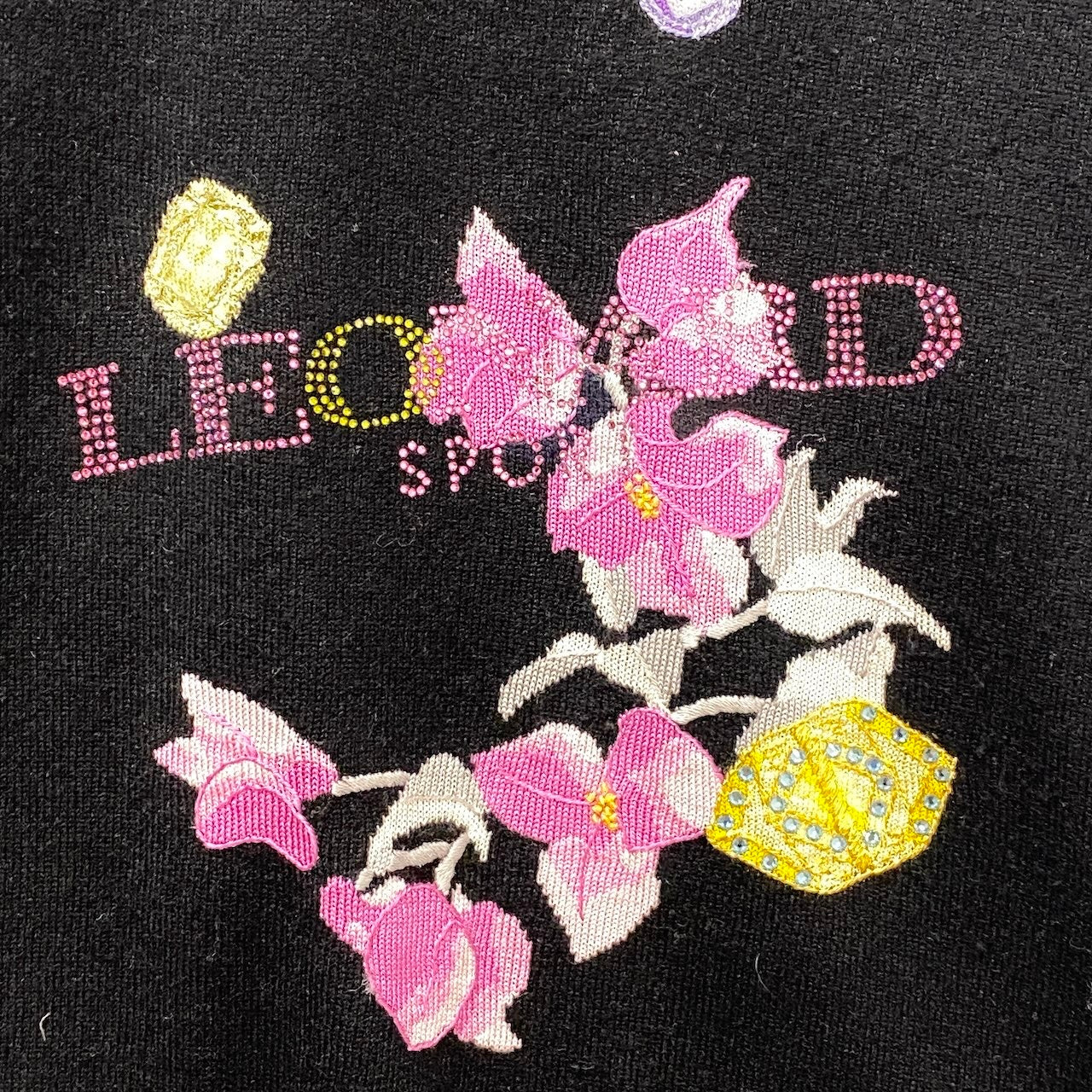 1f18 LEONARD レオナール ロングスリーブニットセーター カシミヤコットン ラインストーンロゴ 花柄刺繍 42サイズ ブラック レディース 女性用u02t