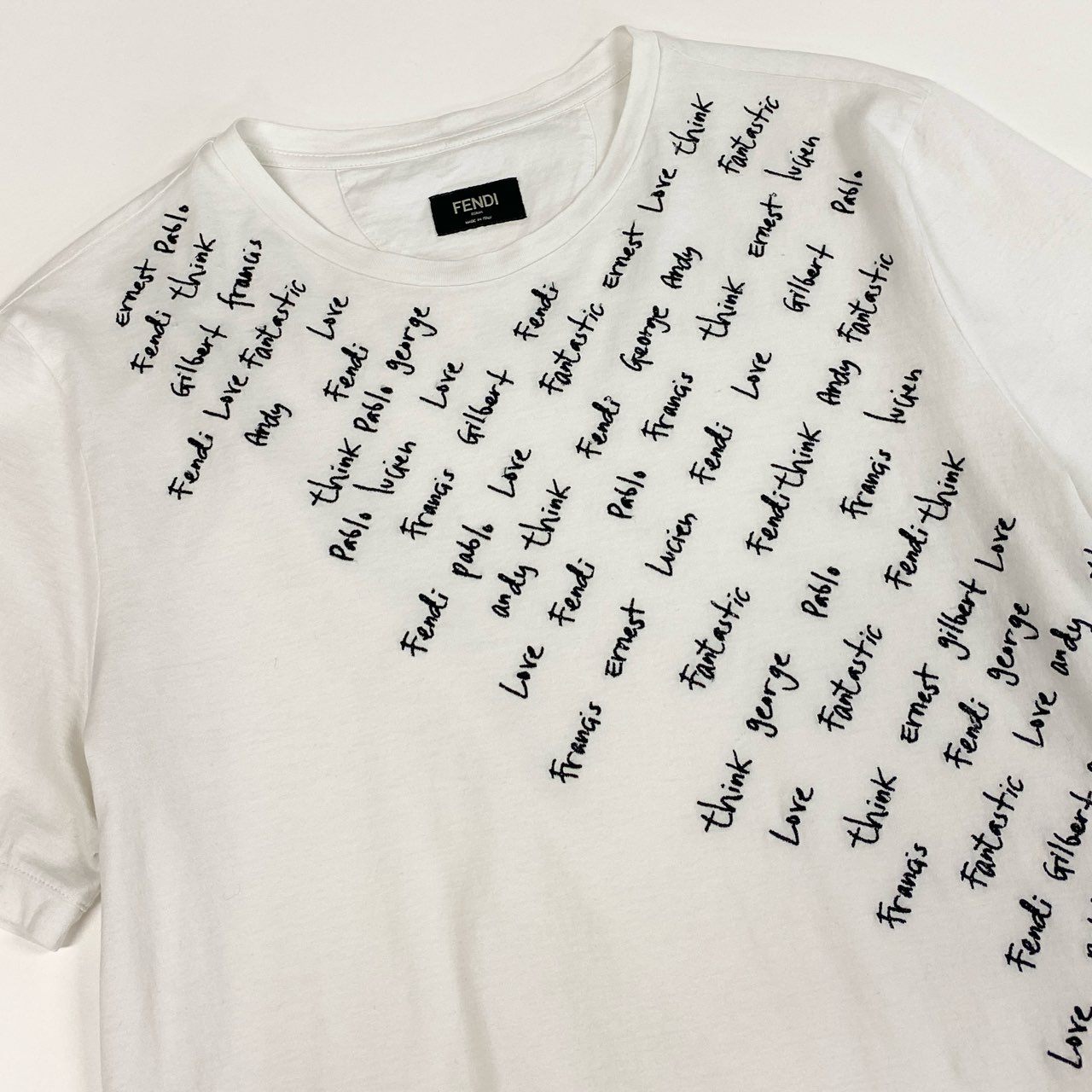 36a30 FENDI フェンディ 半袖Tシャツ クルーネックTシャツ エンブロイダリーTシャツ 文字刺繍 48サイズ ホワイト コットン100％ メンズ 男性用o07t