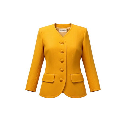 14g5 YVES SAINT LAURENT イヴサンローラン ノーカラージャケット ウールジャケット サイズ36 イエロー レディース 女性用u02t