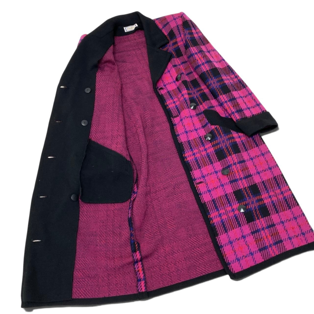 38h31 YVES SAINT LAURENT イヴサンローラン ダブルブレスト チェスターコート ニットコート チェック柄 サイズM マルチカラー ウール100％ レディースo07t