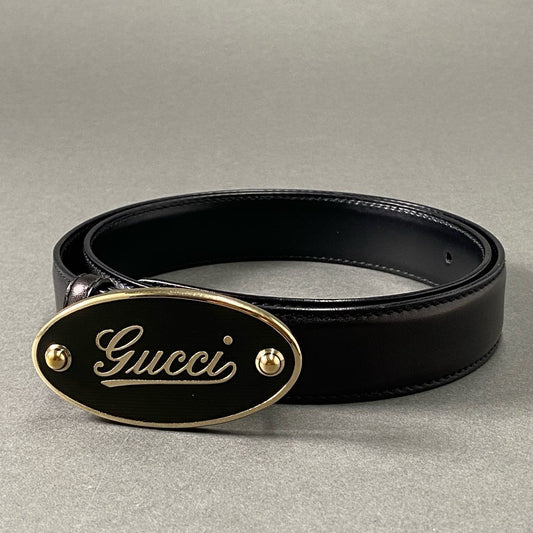 31f23 GUCCI グッチ ハトメ ロゴバックル レザーベルト ブラック イタリア製