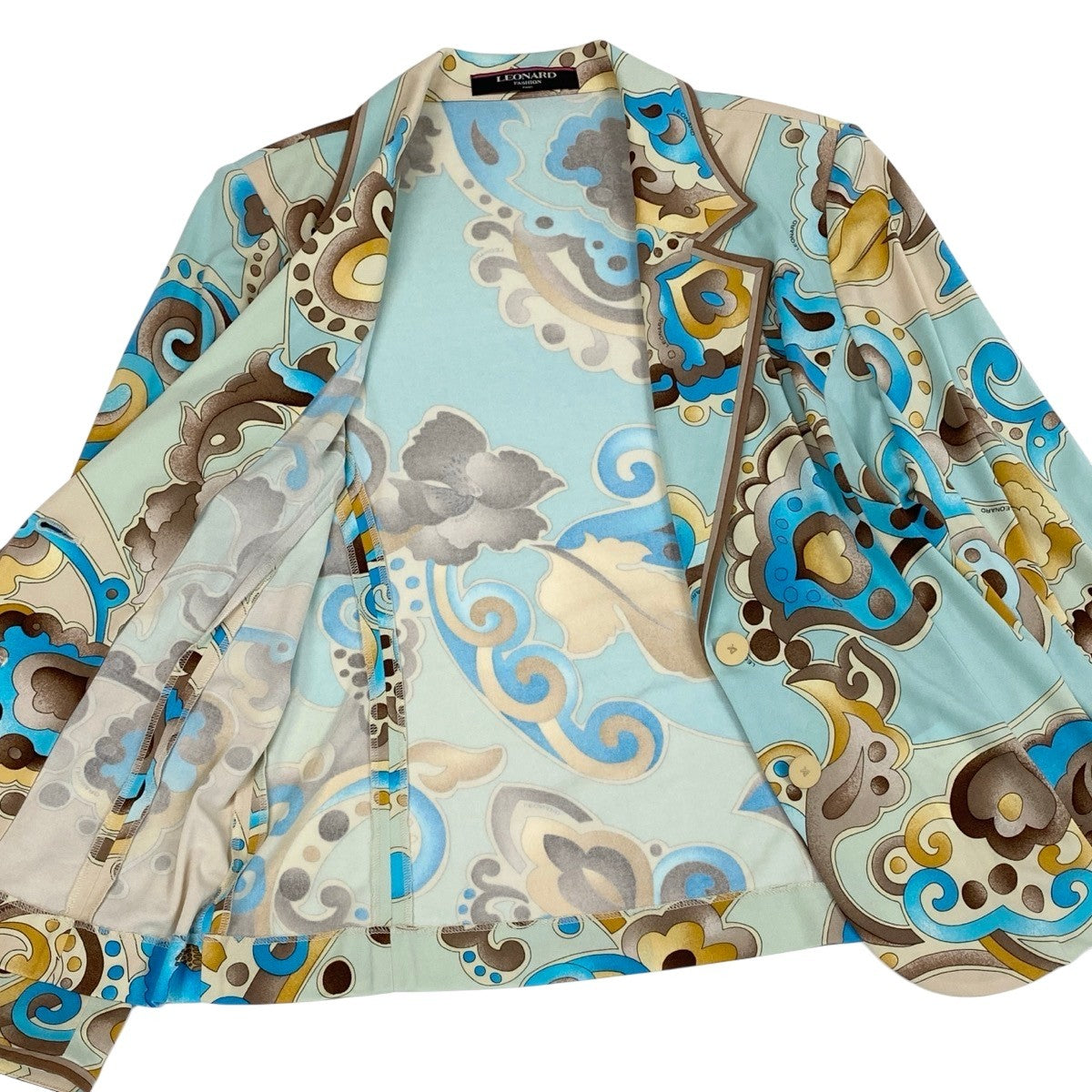 54f29 LEONARD FASHION レオナール カンカン素材 テーラードジャケット 総柄プリント サイズL ライトブルー レディースu02t