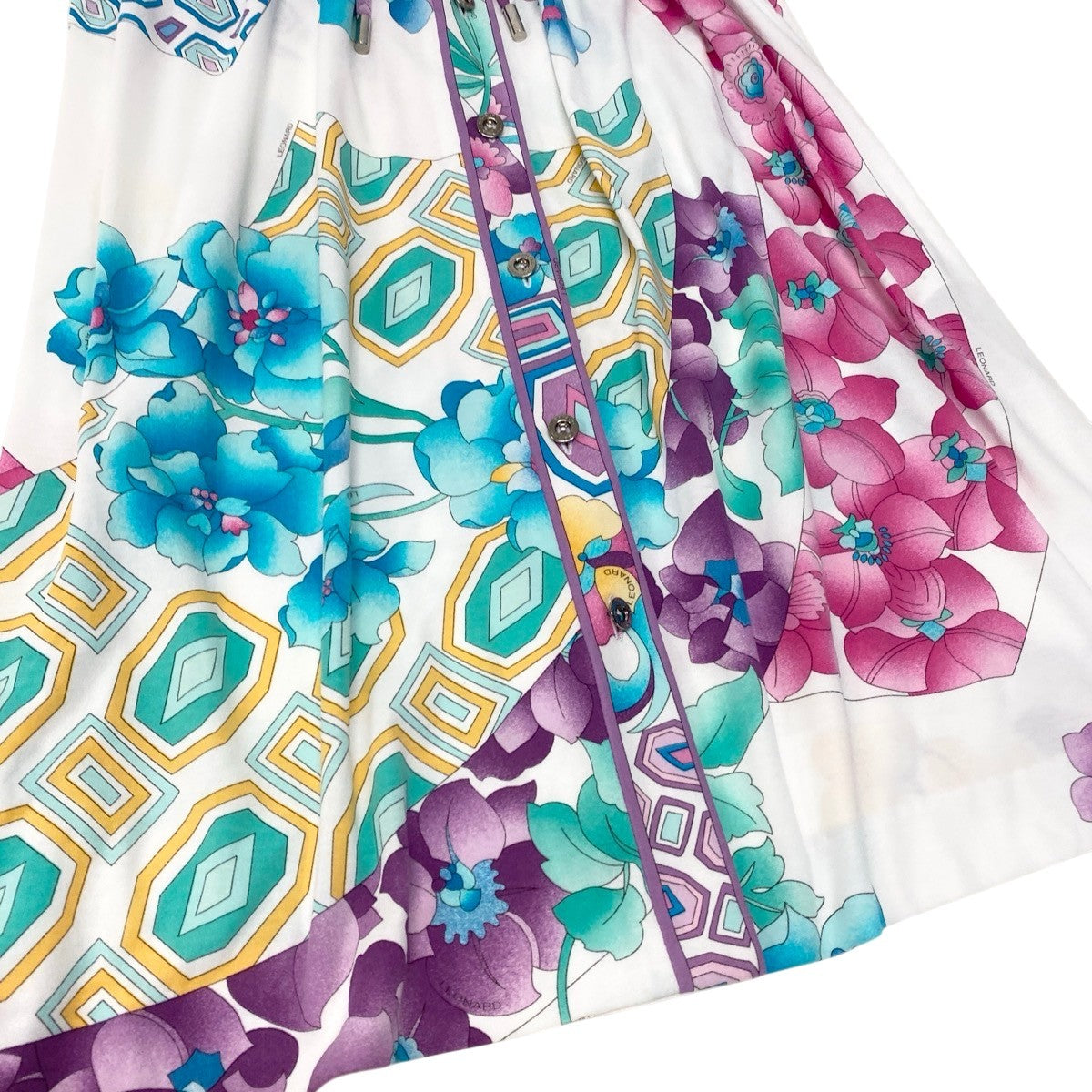 34g17 LEONARD FASHION レオナール ロング ベストジレ ワンピース 美しい花柄プリント サイズ42 マルチカラー コットン100％ レディースu02t