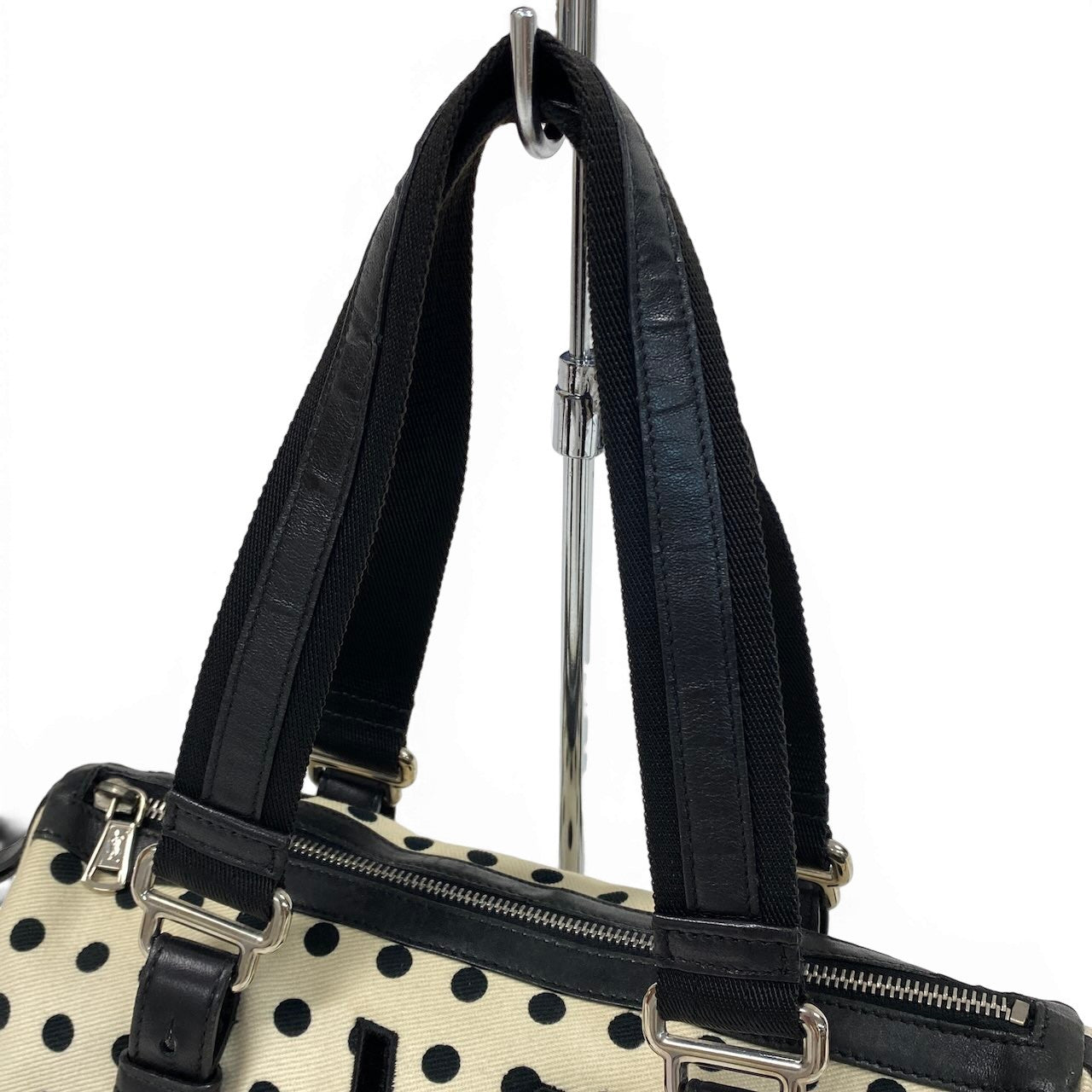 e4 《美品》 Yves Saint Laurent イヴサンローラン ポルカドット ミニボストンバッグ Vintage Polka Dot Mini Boston ホワイト ブラックt18r