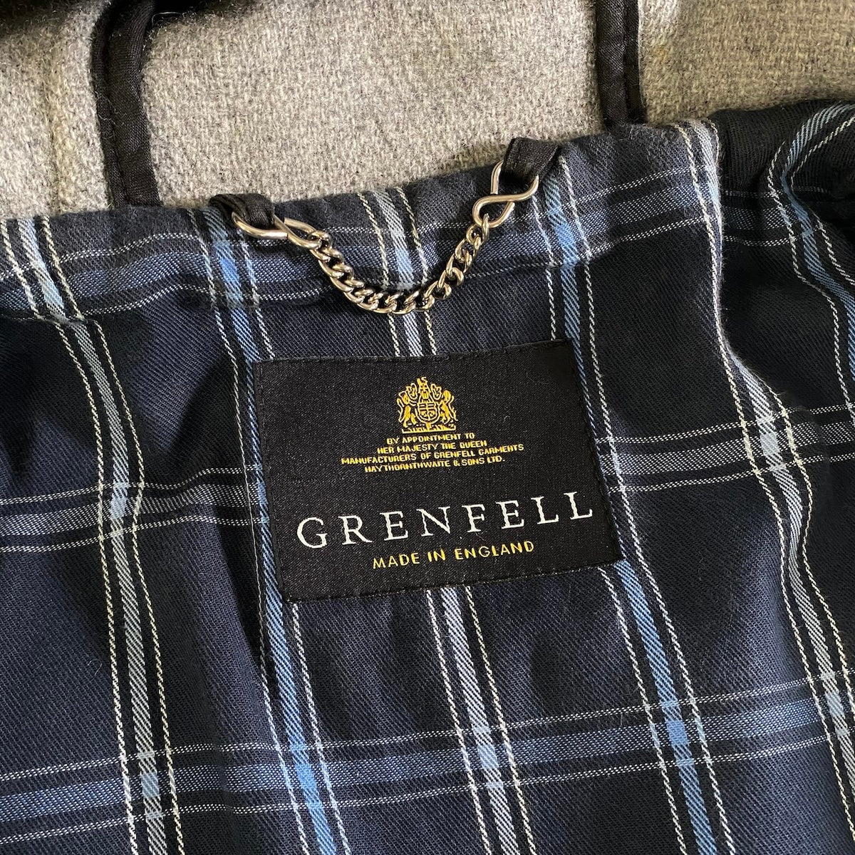 8j26 GRENFELL グレンフェル BAKER LONG ベーカー ダッフルコート トグルボタン 裏地チェック柄 36 ライトグレー メンズu02t