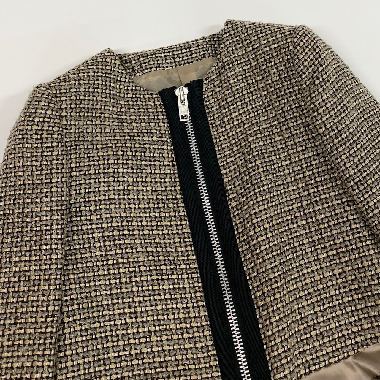 e11 sacai ノーカラーツイードジャケット 切替デザイン 12-01565 1サイズ ブラウン系 レディース 女性用u02t