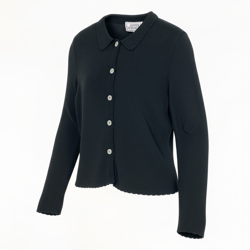 d7 GIANNI VERSACE ヴェルサーチ ロングスリーブ ニットカーディガン リブニット サイズ40 ブラック レディース 女性用o07t