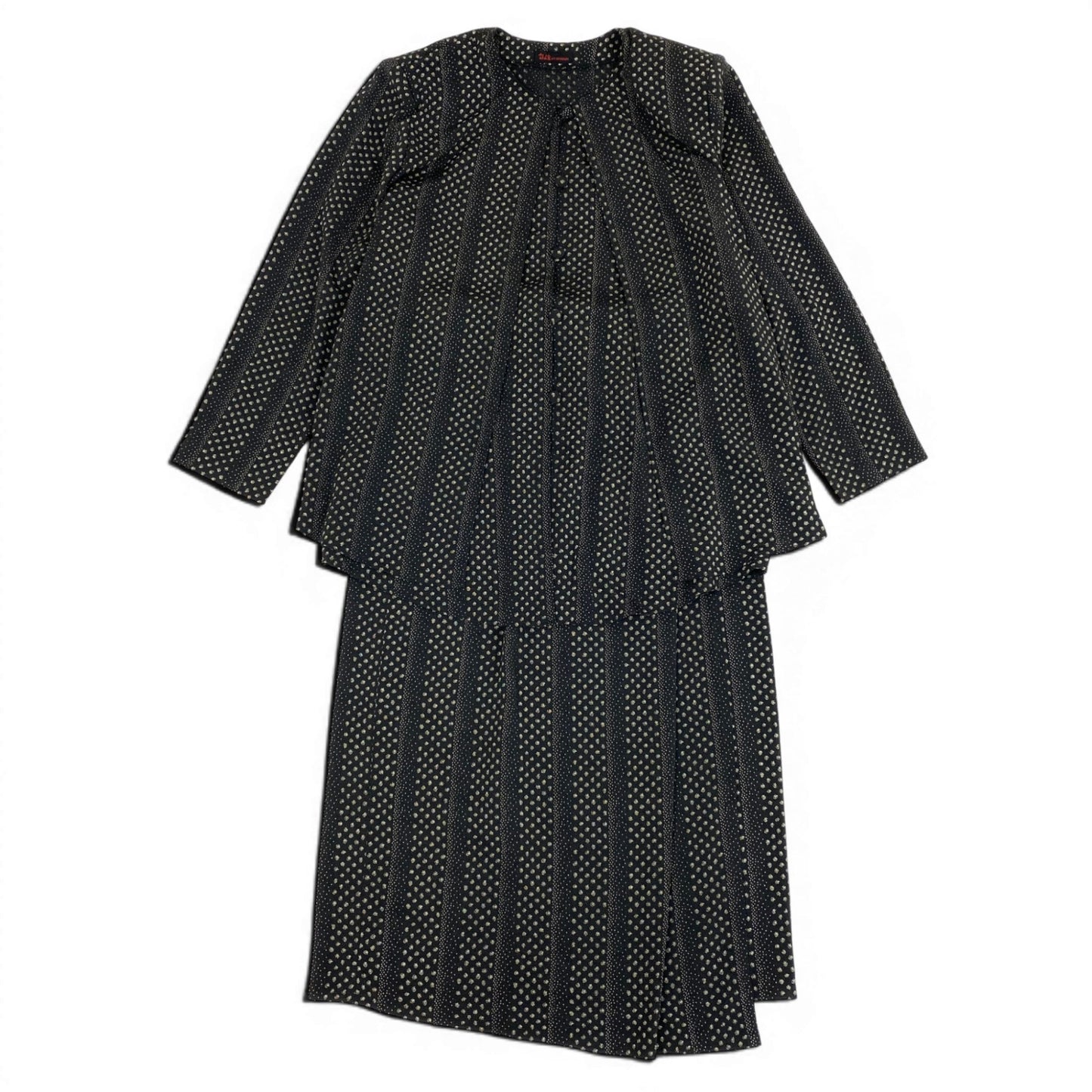 47d16 【美品】 詩仙堂 BY HITOSHI シセンドウ セットアップスカート ちりめん レイヤード風 ノーカラージャケット ラップスカート 総柄 ネイビー ポリエステル100％ レディース 女性用u02t