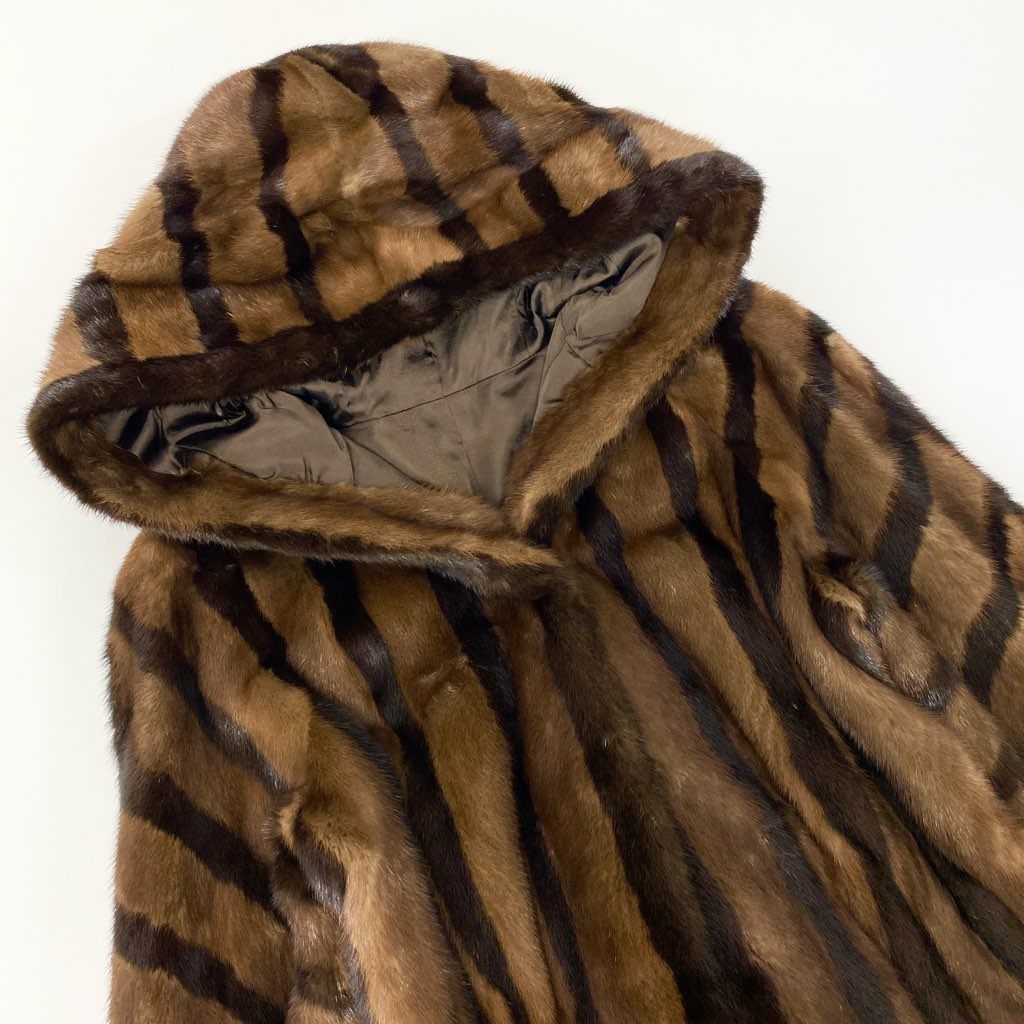 43l25 希少デザイン フード付き ミンクコート サイズF 茶系 ダブルカラー 本毛皮 MINK FUR ウエストゴム ポケット有t18r