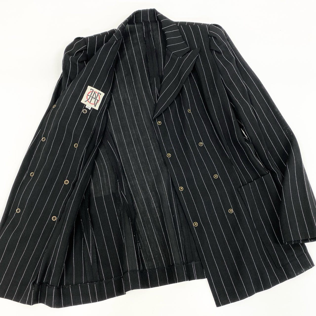 1g2 Jean Paul Gaultier ジャンポールゴルチエ デザインセットアップ スカートスーツ ダブルジャケット フレアスカート ロゴ刻印ボタン サイズ40 ブラック ピンストライプ ウール レディース 女性用