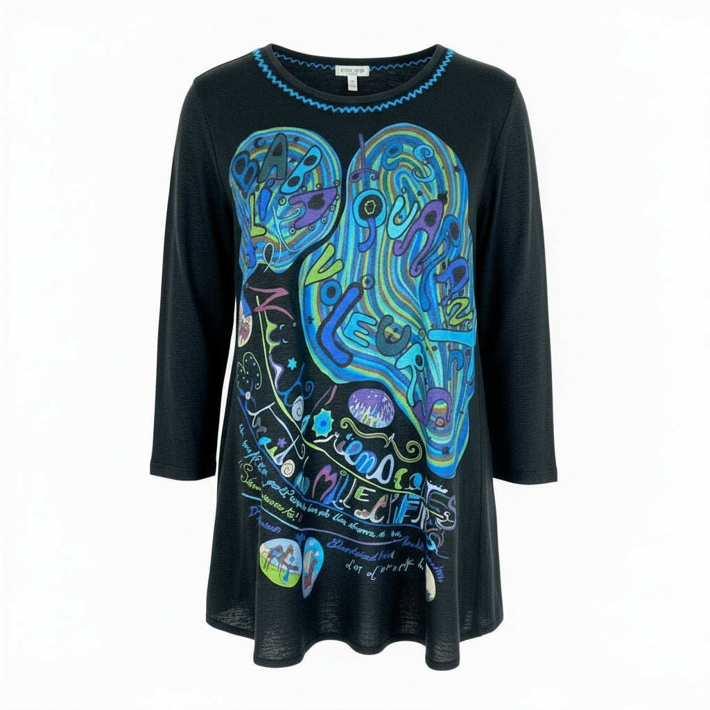 71a23 TOKUKO 1er VOL トクコプルミエヴォル リネン100 長袖ワンピース カットソーワンピース 総柄プリント 9 ブラック リネン レディース 女性用u02t