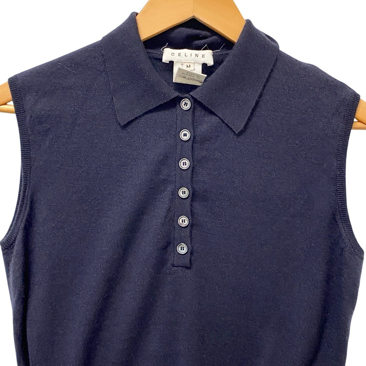 53b17 【美品】CELINE セリーヌ カシミヤ混ニットベスト ニットポロシャツ ニットセーター Mサイズ ネイビー レディース女性用u02t