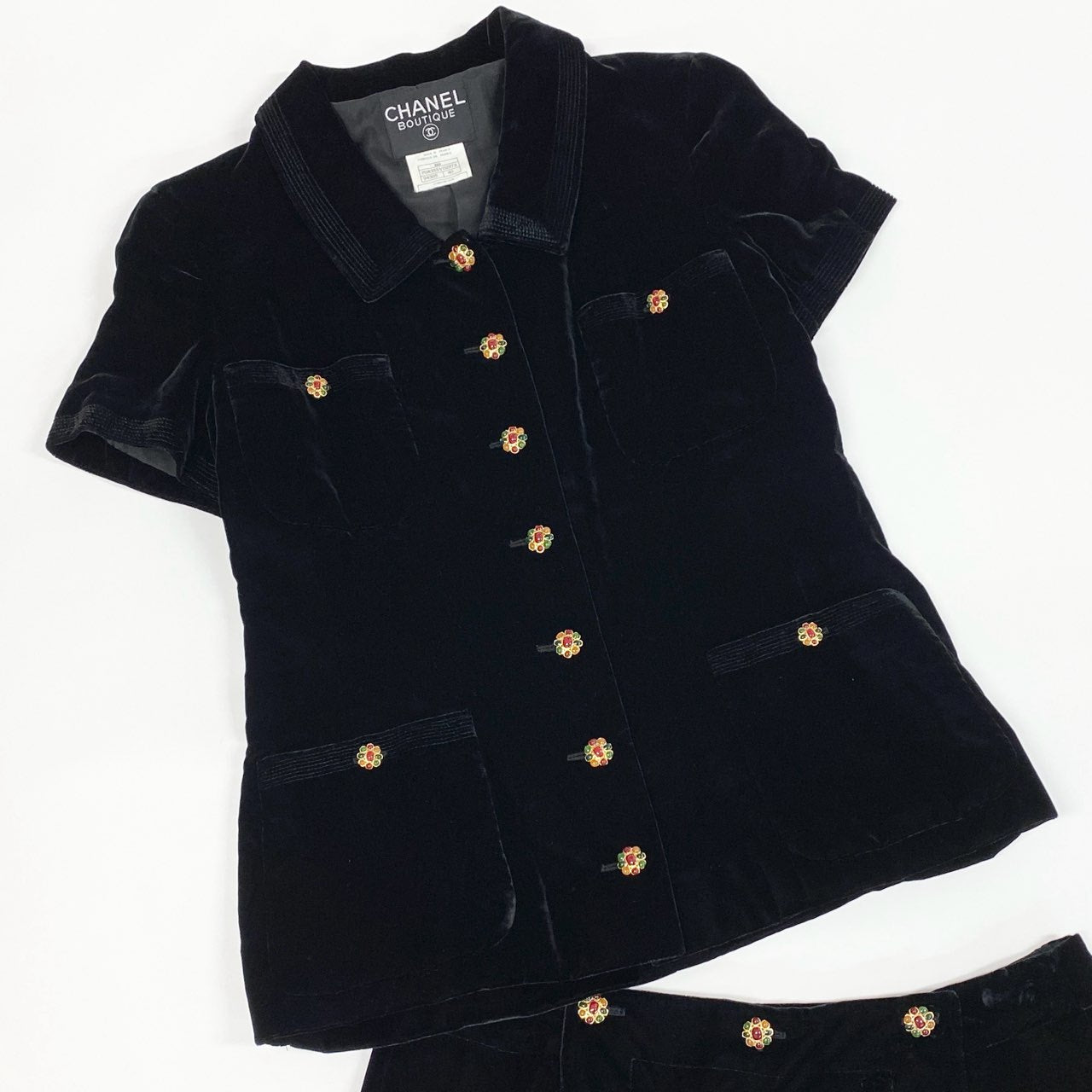Ca14【Archive】CHANEL シャネル 1996AW collection P08355 グリポア ベルベットシャツ スカート セットアップ サイズトップス40/スカート42 ブラック レディースta1