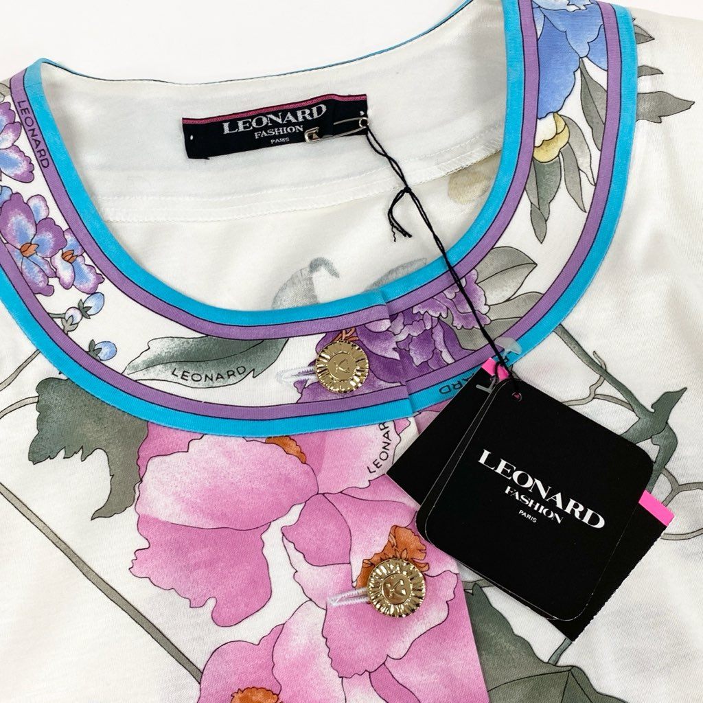 13l27【未使用品】LEONARD レオナール ノーカラージャケット 美しい花柄プリント 袖シアー素材 チュニック丈 Mサイズ ホワイト レディースk02i