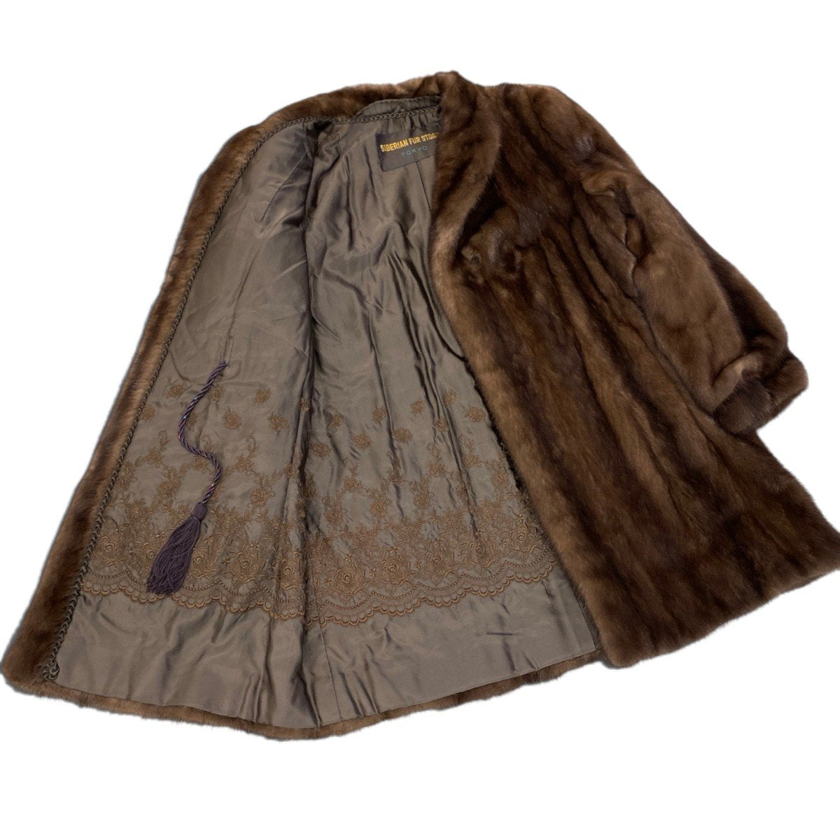 78i24 SIBERIAN FUR STORE デミバフミンク ファーコート サイズ13 茶系 本毛皮 Mink Fur Coat ウエストコード有 リアルファー 裏地刺繍t18r