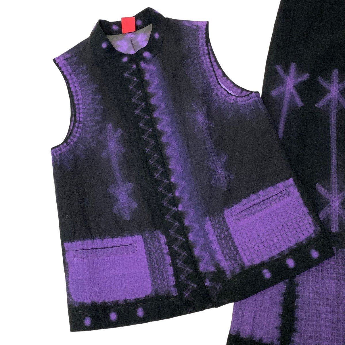 j23 【美品】ISSEY MIYAKE HaaT スカートセットアップ 幾何学転写デザインベスト ロング巻きスカート HA03FE581 2サイズ ブラック パープル レディース 女性用u02t