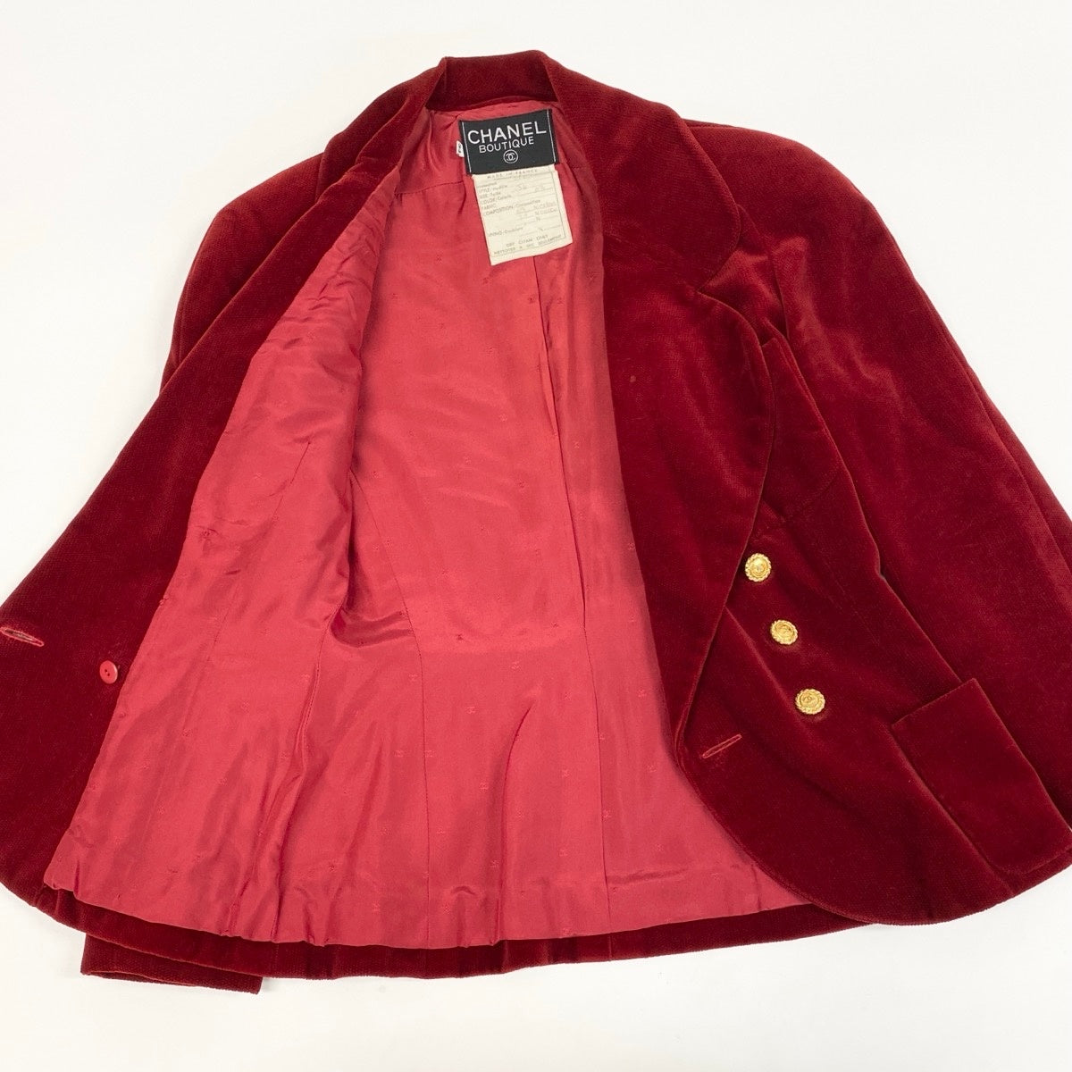 Cf29 CHANEL BOUTIQUE シャネル 1986年 ベルベットジャケット ココマーク 金ボタン ダブルブレスト サイズ34 レッド レディースta1