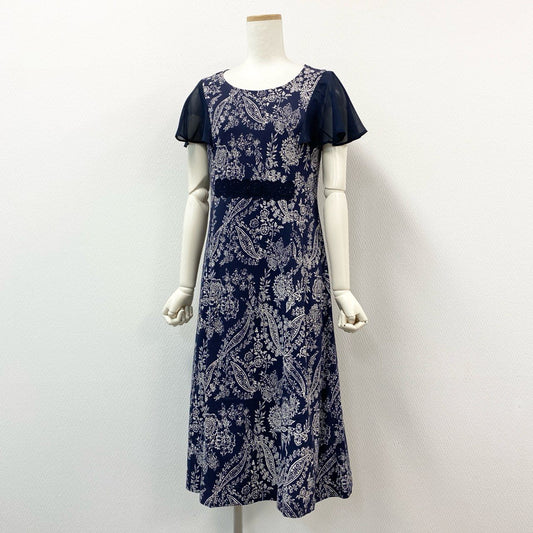 61g23 LAURA ASHLEY ローラアシュレイ タグ付 フレンチスリーブ ワンピース ドレス 総柄プリント 9号 ネイビー コットン レディース