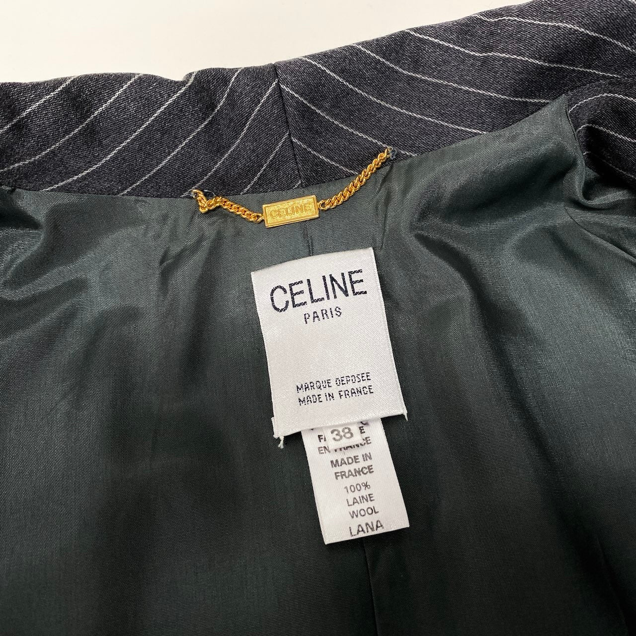 Hf8 【美品】 CELINE セリーヌ セットアップ スカートスーツ ストライプ柄  サイズ38 グレー ウール100％ レディース 女性用k02i