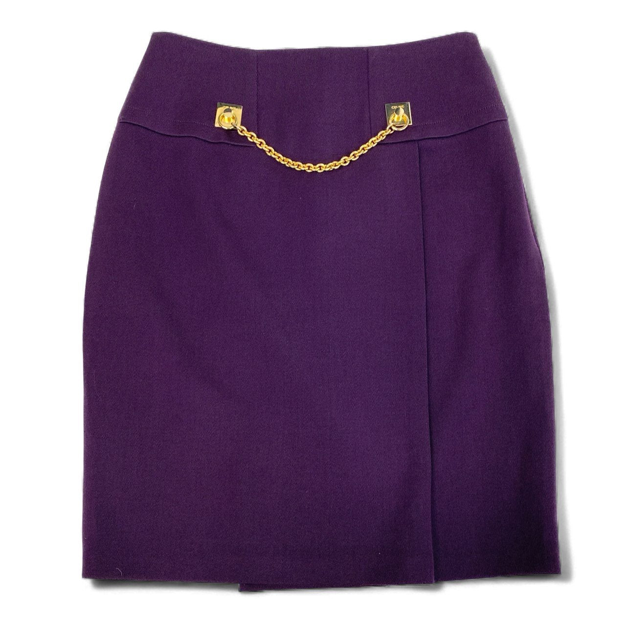 64L15 Vintage CELINE セリーヌ ヴィンテージ オールド ゴールドチェーン 台形スカート フレアスカート 38 パープル ウール レディースu02t